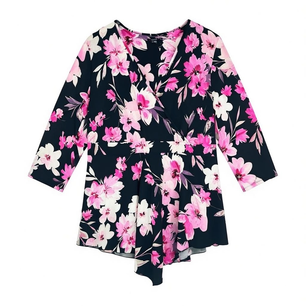 COCOMO Women’s Size 1X Pink black floral 3/4 Sleeve asymmetrical Tunic Shirt NWT
